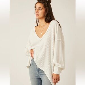 Free People Cream V-Neck Waffle Knit Sweatshirt